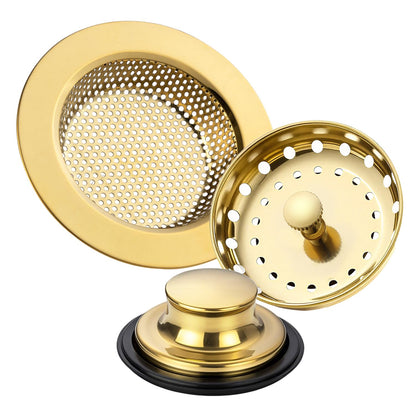 RQYEKDO 3-Pack Kitchen Sink Drain Strainer Stopper Set, Universal Anti-Clogging Stainless Steel Garbage Disposal Plug with Handle, Perforated Basket Filter Sieve for Standard 3.5" Drains (Gold)
