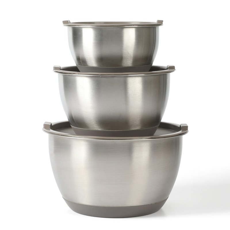 Martha Stewart Rhinewell Mirror Polish 6 Piece Stainless Steel Mixing Bowls with Lid and Non-Slip Base - Grey