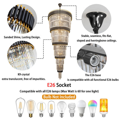 WOSOHYUN Extra Large Staircase Chandeliers 9-Tier Black and Gold Chandelier Luxury Long Crystal Chandelier Lighting for High Ceiling Foyer Entryway Grand Hotel Lobby 31-Light H84 x W40