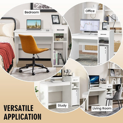 COSTWAY Computer Desk, 40 inch Laptop PC Gaming Table with Drawer, Monitor Stand & Storage Shelf, Modern Simple Study Writing Table for Home & Office, Easy Assembly, White