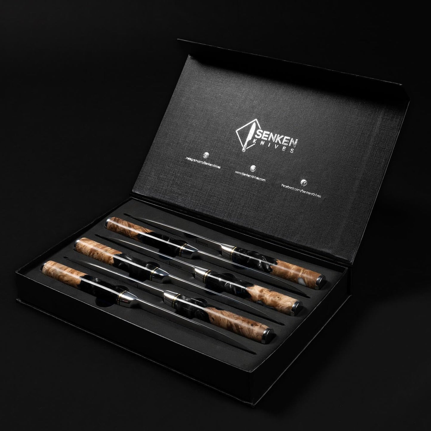 SENKEN Damascus Steak Knife Set - Black Tsunami Collection - 67-Layer Japanese VG10 Steel - Razor Sharp Non-Serrated Blades, Black Resin & Burl Wood Handles, Luxury Gift Box