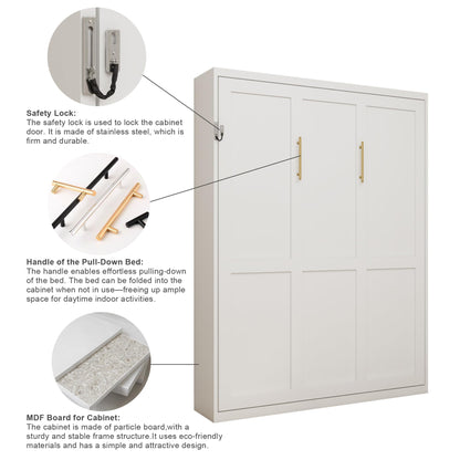 KEIKI Queen Size Vertical Cabinet Murphy Bed with Automatic Leg, Multifunctional Foldable Hideaway Wall Metal Bed Frame with Slats, No Box Spring Needed, Easy Assembly, for Bedroom, Guest Room, White
