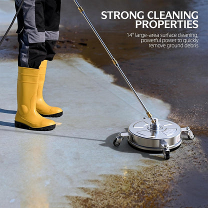Pressure Washer Surface Cleaner - 14" 4500 PSI | Durable 304 Stainless Steel, 4 Wheels & 2 Wands