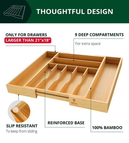 ROYAL CRAFT WOOD Luxury Bamboo Kitchen Drawer Organizer - Silverware Organizer, Utensil Holder & Cutlery Tray Drawer Dividers for Flatware (9 Slot, Natural)