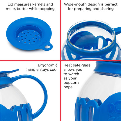 Ecolution Patented Micro-Pop Microwave Popcorn Popper with Temperature Safe Glass, 3-in-1 Lid Measures Kernels and Melts Butter, Made Without BPA, Dishwasher Safe, 3-Quart, Blue