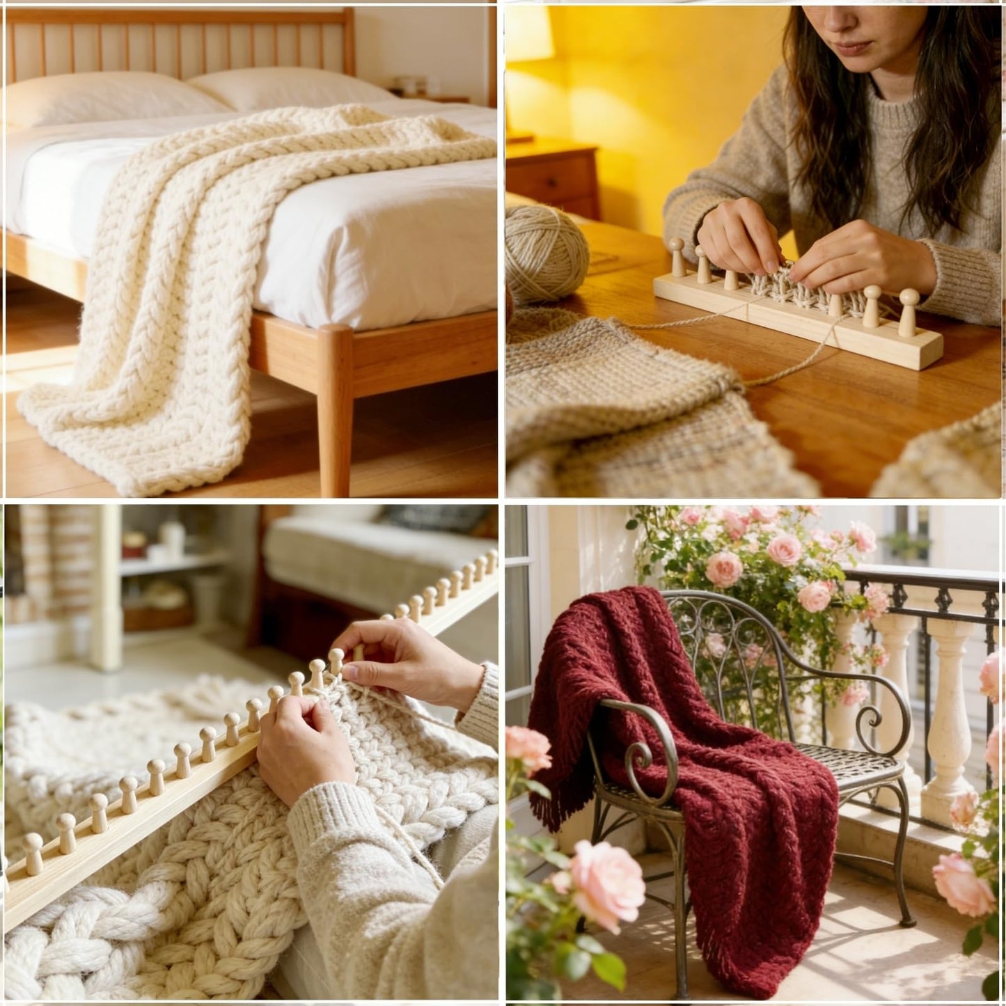 FOBEVTEF 53.9'' DIY Chunky Knit Blanket Loom, Wooden Loom Frame for DIY Throw Blankets, Adjustable Size Hand Knitting Kit | No Needles Required | Foldable & Portable | Beginner Friendly Yarn Craft