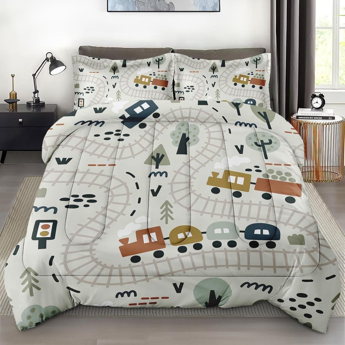 Set Cozy Set Comforter with Pillowcase Twin Size, Cute Forest Car Train City Map, Bedding Decor Funny Nursery Cartoon