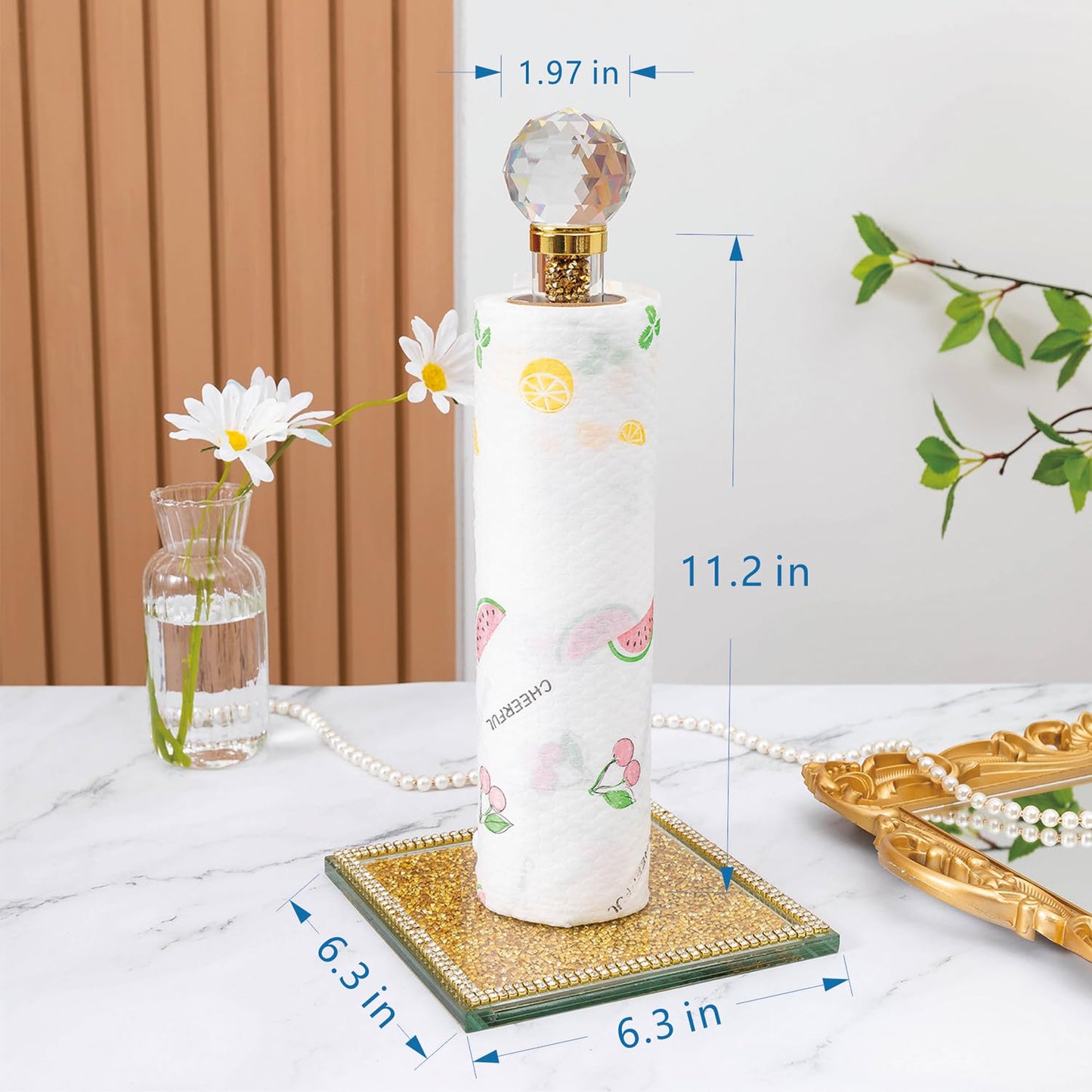 Hochance Gold Crystal Standing Paper Towel Roll Holder Countertop Weighted Rack,Glam Cute Bling Rhinestone Jeweled Diamonds Modern Decoration Christmas Housewarming Gifts for Kitchen Home Bar