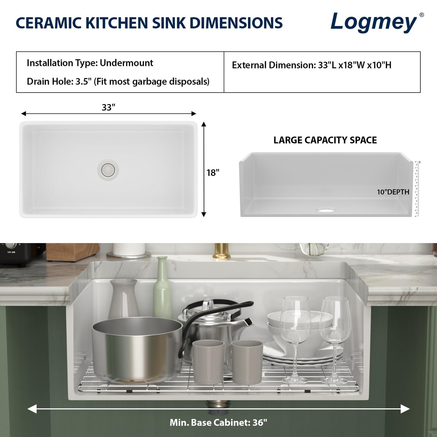 Logmey 33 In White Fireclay Farmhouse Sink with Pop-up Drain & Reversible Design 33x18x10 Durable Ceramic Apron Front Sinks,Easy to Clean,Scratch & Heat Resistant,Ideal for Traditional & Country Style