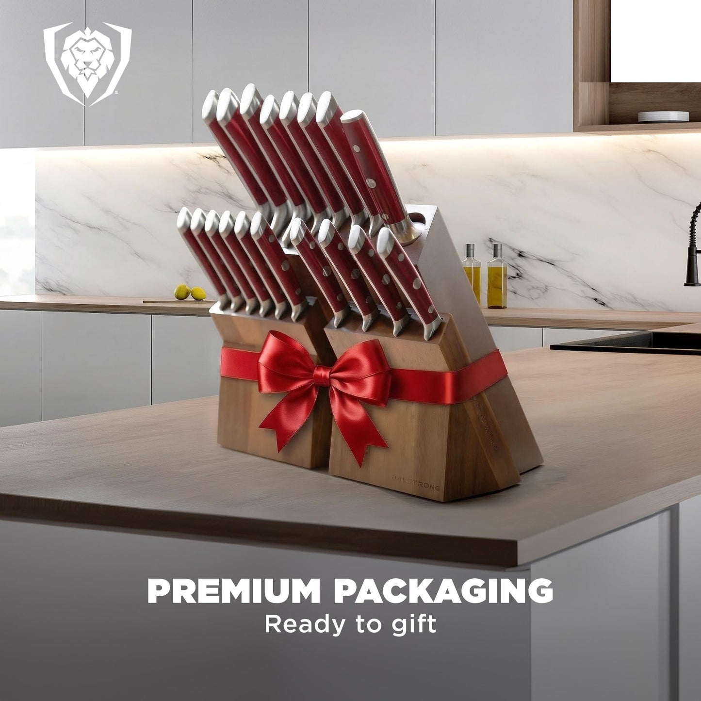 Dalstrong 18-Piece Gladiator Colossal Knife Block Set (Red Handles) — German High-Carbon Steel, Full-Tang, Hand-Sharpened — For Home Chefs, Wedding Registries & Serious Kitchens — Acacia Block, NSF