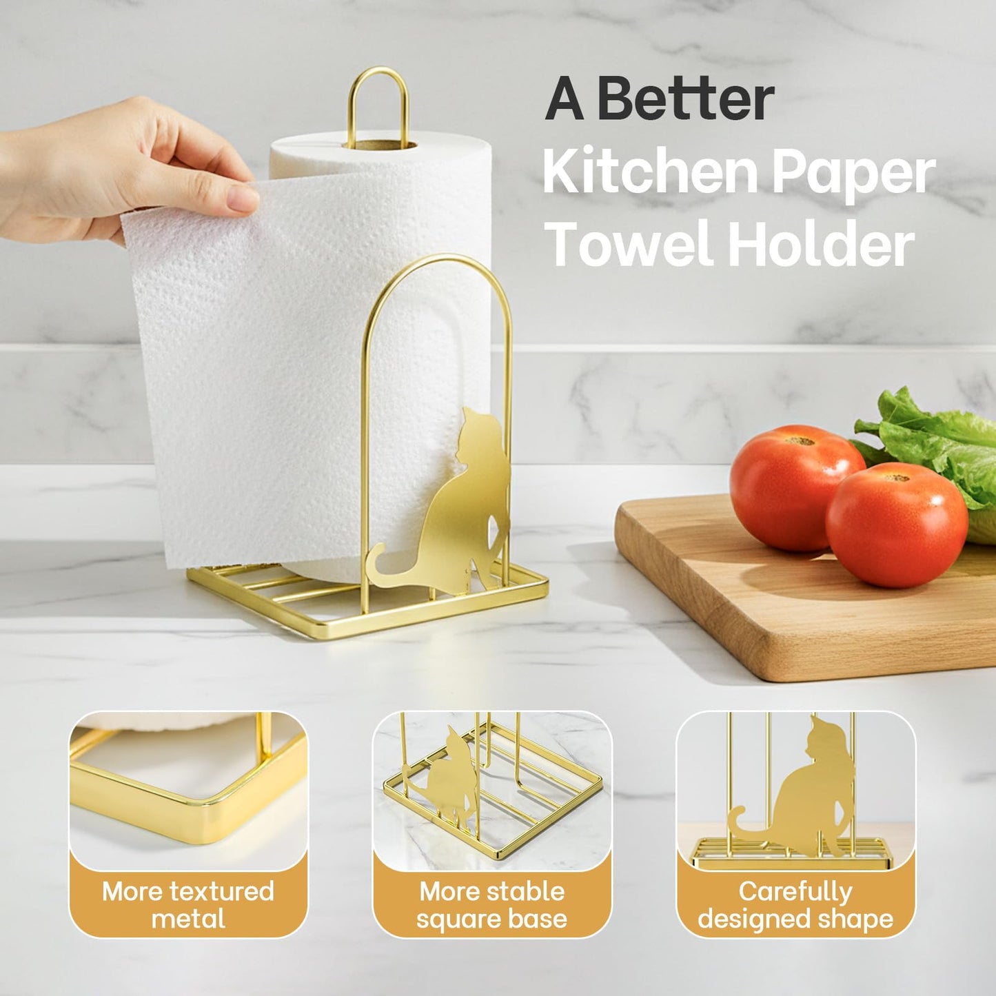 Megier Paper Towel Holder for Countertop, Kitchen Paper Towel Stand with Cat Pattern Decoration，Fit Standard Jumbo Roll in Dining Table or Bathroom, Toilet Paper Dispenser with Heavy Duty Base (Gold)