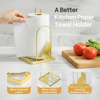 Megier Paper Towel Holder for Countertop, Kitchen Paper Towel Stand with Cat Pattern Decoration，Fit Standard Jumbo Roll in Dining Table or Bathroom, Toilet Paper Dispenser with Heavy Duty Base (Gold)