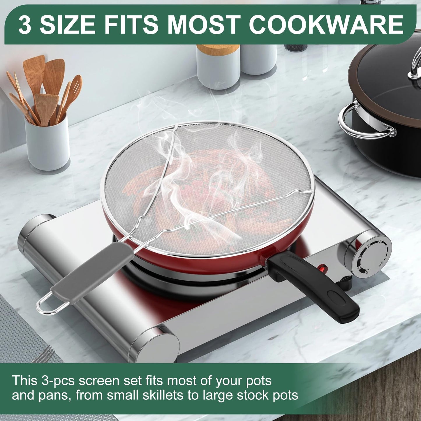 Splatter Screen for Frying Pan - 9.8" 11.4" 13" Stainless Steel Fine Mesh Grease Splatter Guard with Silicone Handle, Hot Oil Splash Guard for Cooking to Prevent Oil Splatter, Safe Cooking