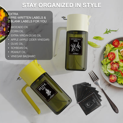 2-IN-1 500ml/17oz Light-Blocking Dark Oil Sprayer for Cooking with Sticker, Dark Green Glass Olive Oil Dispenser Bottle for Kitchen, Even Spray with Portion Control, Perfect for Air Fryer, BBQ - Black