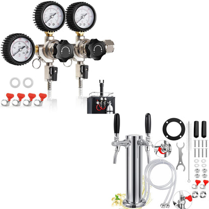 New Adjustable Dual Tap Kegerator Tower & Dual Keg Regulator CO2 Beer Pressure Regulator 0-60psi for Brewing
