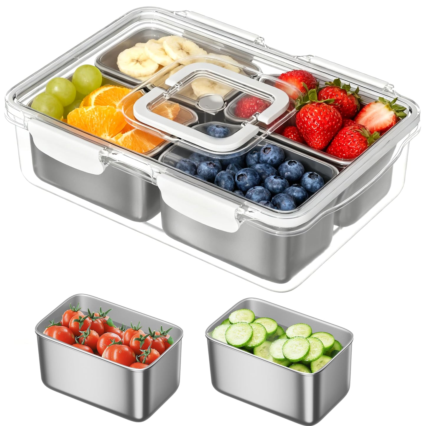 Snackle Box Container, 304 Stainless Steel Divided Serving Tray with Lid and Handle, Portable 4 Compartments Veggie Tray for Fruits,Veggies,Nuts &Candy, Dishwasher Safe for Travel,Picnic,Beach&Parties