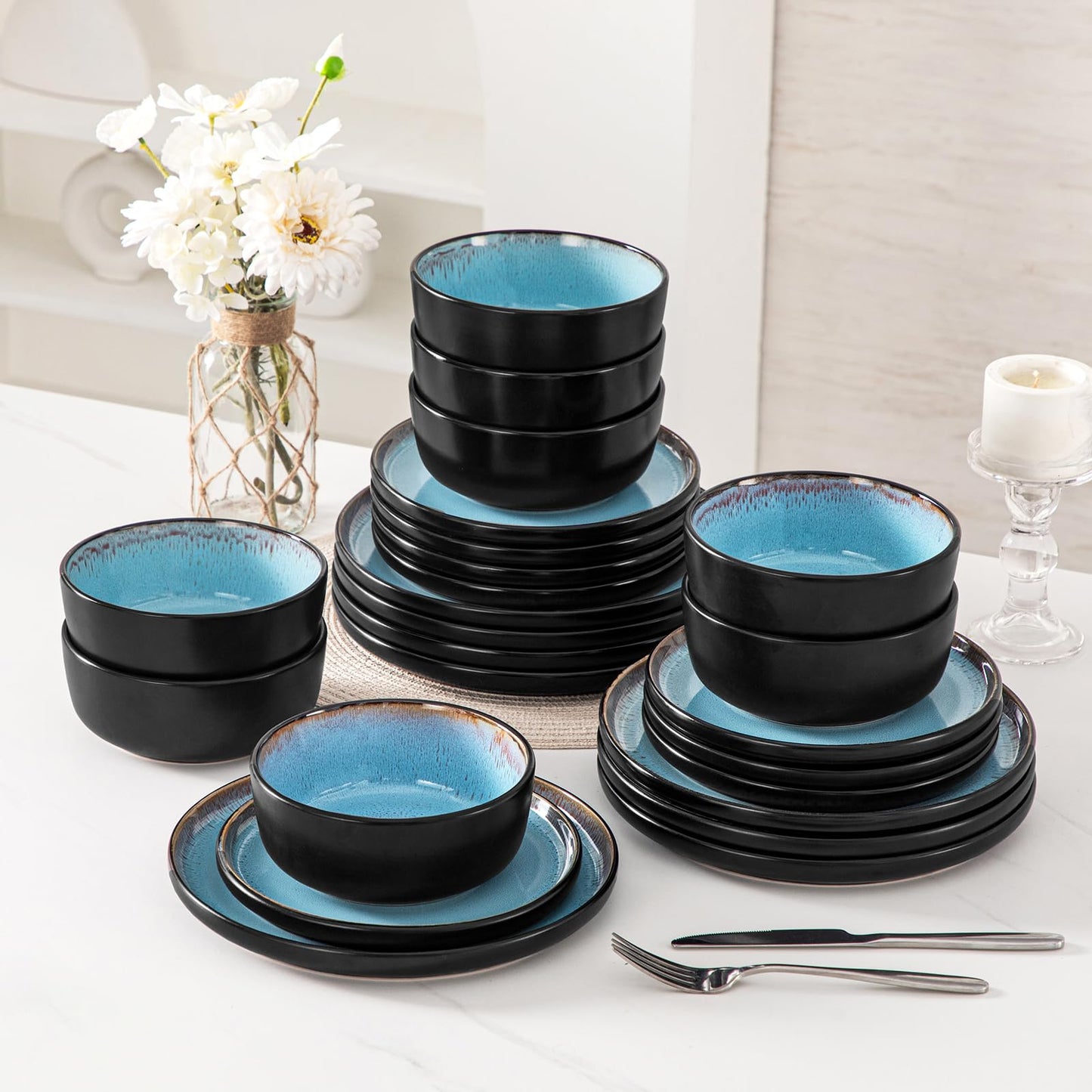 vancasso Plates and Bowls Sets, 24 Pieces Stoneware Dinnerware Sets for 8, Kitchen Dish Set Mircowave and Dishwasher Safe Ceramic Dishware, Blue, Series AMBER