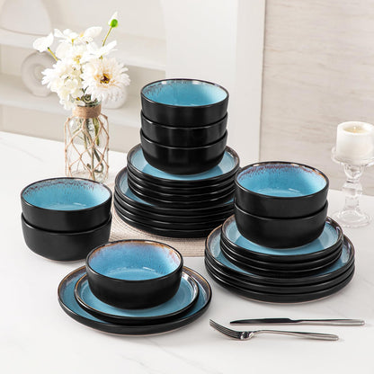 vancasso Plates and Bowls Sets, 24 Pieces Stoneware Dinnerware Sets for 8, Kitchen Dish Set Mircowave and Dishwasher Safe Ceramic Dishware, Blue, Series AMBER