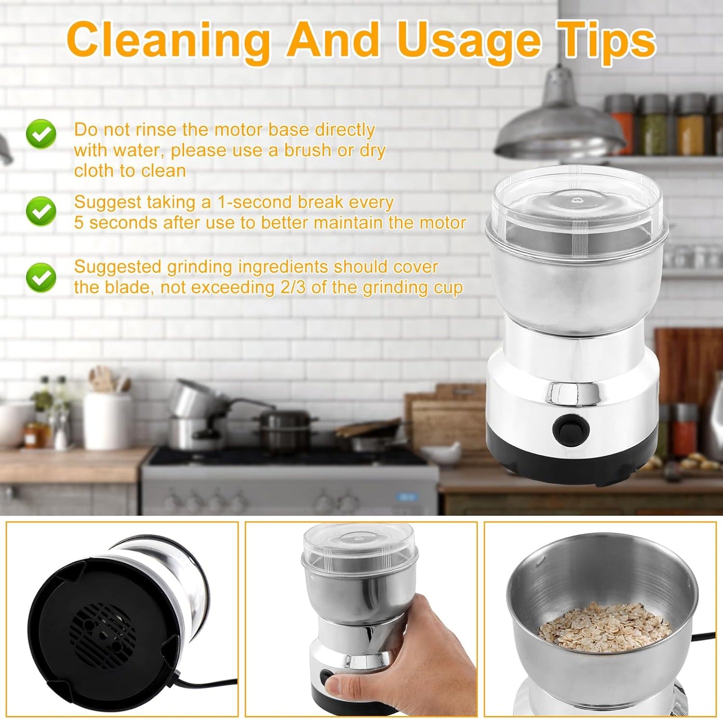 Electric Coffee Grinder, Mini Spice Grinder with 4 Stainless Steel Blades, 300ml Portable Mill Grinder for Home Kitchen