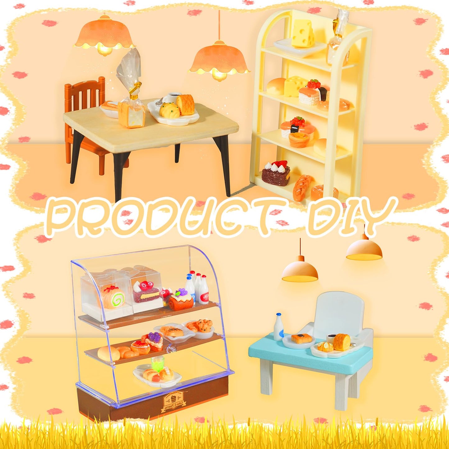 92 Pcs Miniature Bakery Case Cake Stand Cabinet with Mini Foods Set Miniature Food Cake Bread Dessert Milk Donuts for 1:12 Scale Mini Bakery Bread Shop Scene Models Mini House Kitchen Accessory