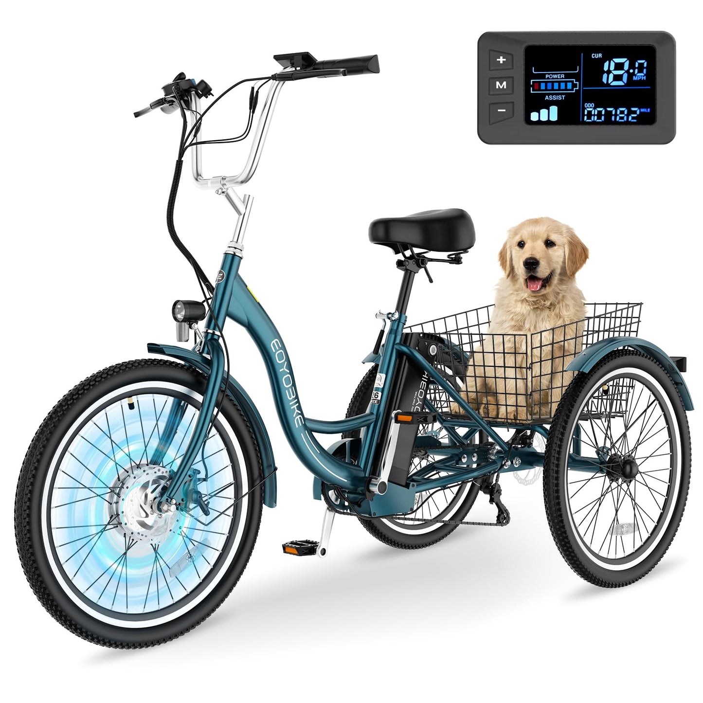 MOONCOOL Electric Tricycle for Adults, 350W 36V Removable Battery, 7 Speeds 3 Wheels Electric Trikes with Large Basket Up to 60Miles