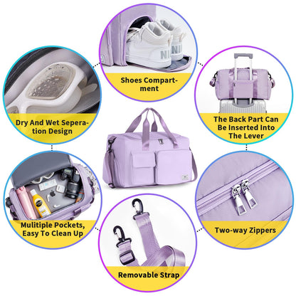 FIORETTO Women's Gym Duffle Bag with Shoes Compartment, 37L Capacity, Ideal for Travel, Gym, Sports, Duffel, Weekender, Lavender