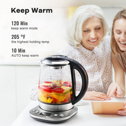 Mecity Electric Tea Kettle Borosilicate Glass Tea Maker With Temperature Control and Infuser - LCD Display and Preset Brewing Programs - 1.7 Liter Water Boiler