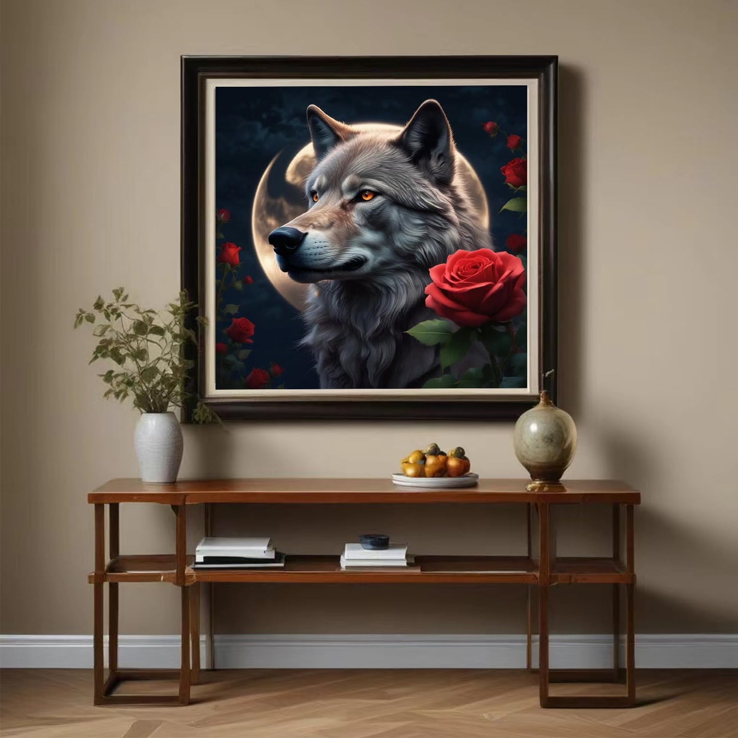 Lvmuu Diamond Art Kits for Adults Wolf Under Moon Red Rose, 5D DIY Full Square Drill Diamonds Painting Art Sets Paint By Numbers Art Craft Home Decor 16x16in