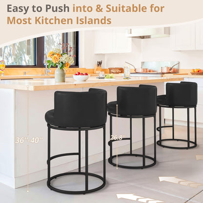 LUE BONA 26.8" Counter Height Bar Stools Set of 3, 180° Swivel Bar Stools, Modern Barrel Counter Stools with Back and Metal Frame, Faux Leather Upholstered Barstools for Kitchen Island, Black