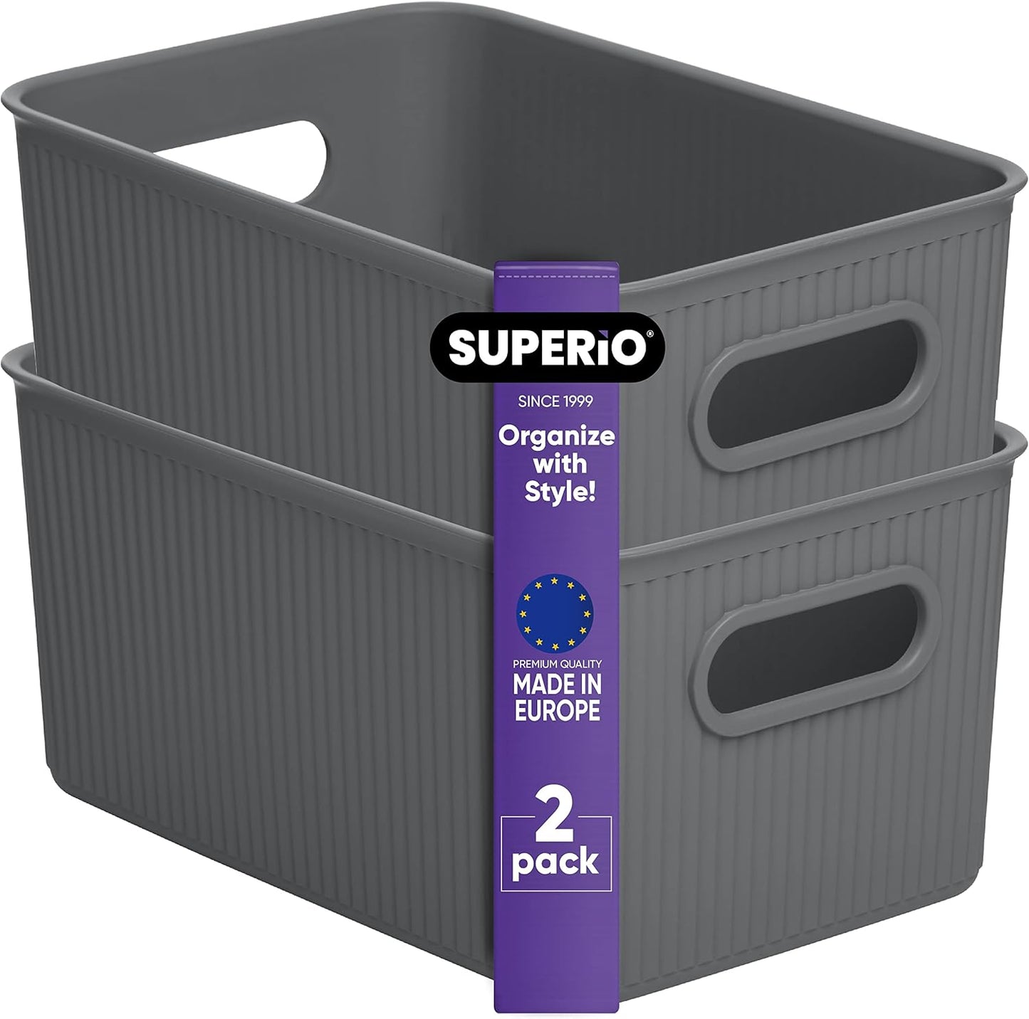 Superio Ribbed Collection Decorative Plastic Open Storage Bins, Medium Grey (2 Pack) for Organizing Closet and Shelves