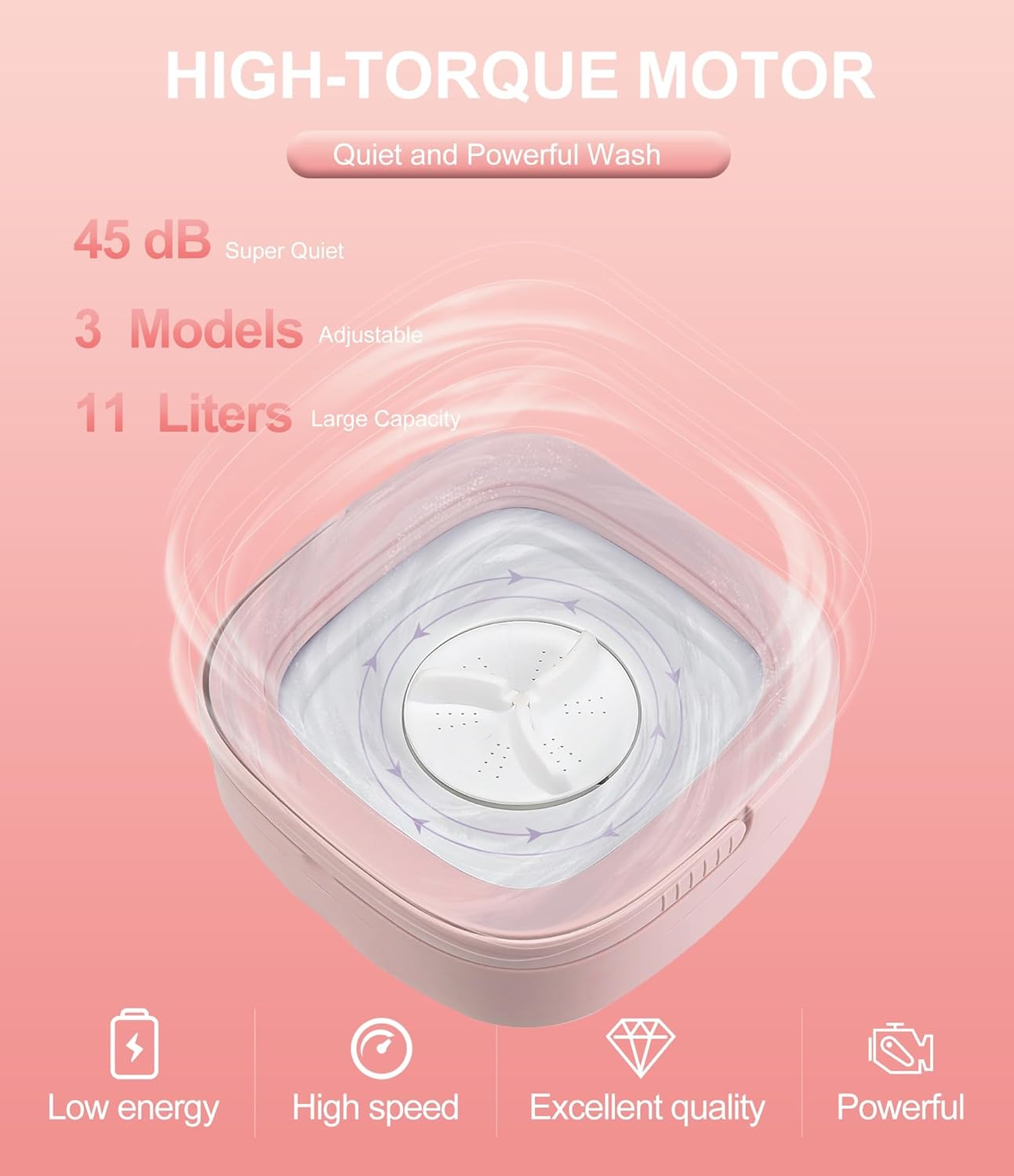 Mini Washing Machine 11L, Portable Washer with 3 Modes for Deep Cleaning Underwear, Baby Clothes, or Socks (Pink)