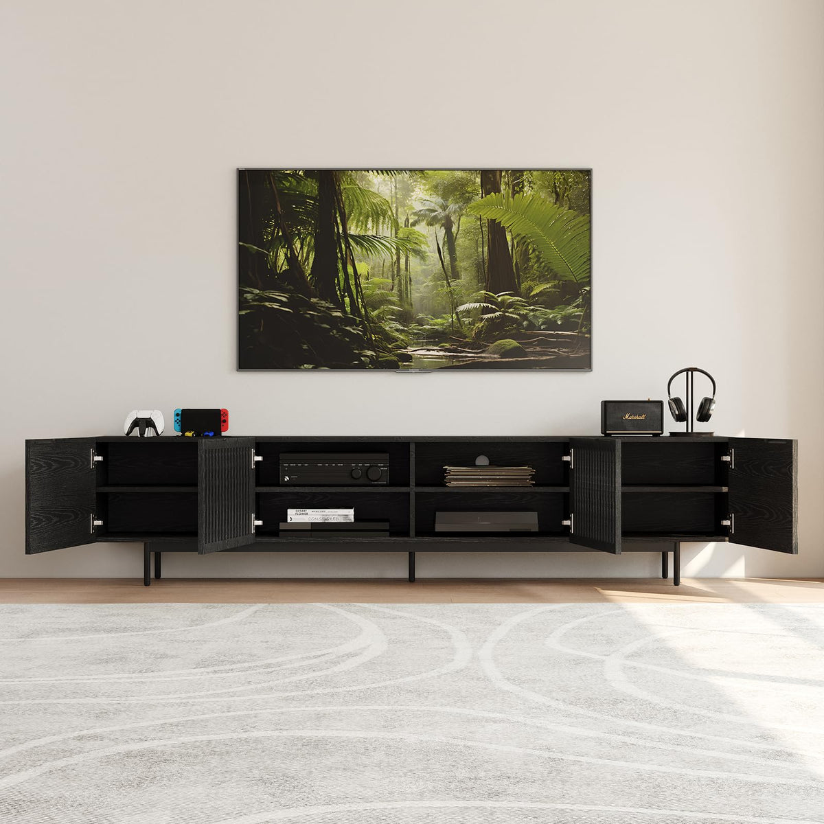 POVISON Full Assembled Mid-Century Modern TV Stand with Slatted Doors, Wood Media Console for 80 85+ Inch TV, TV Console with Tall-cast Metal Legs, Entertainment Center with Storage for Living Room