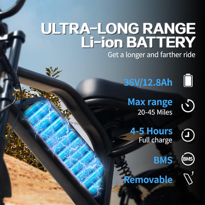 AVDLBIKE Electric Bike, 16'' Fat Tire E-Bike for Teens &Child/Adults, 500W Small Ebike with 36V/12.8Ah Removable Battery, 20 MPH /45 Mile Range, Full Suspension Off-Road Electric Dirt/Mountain Bike