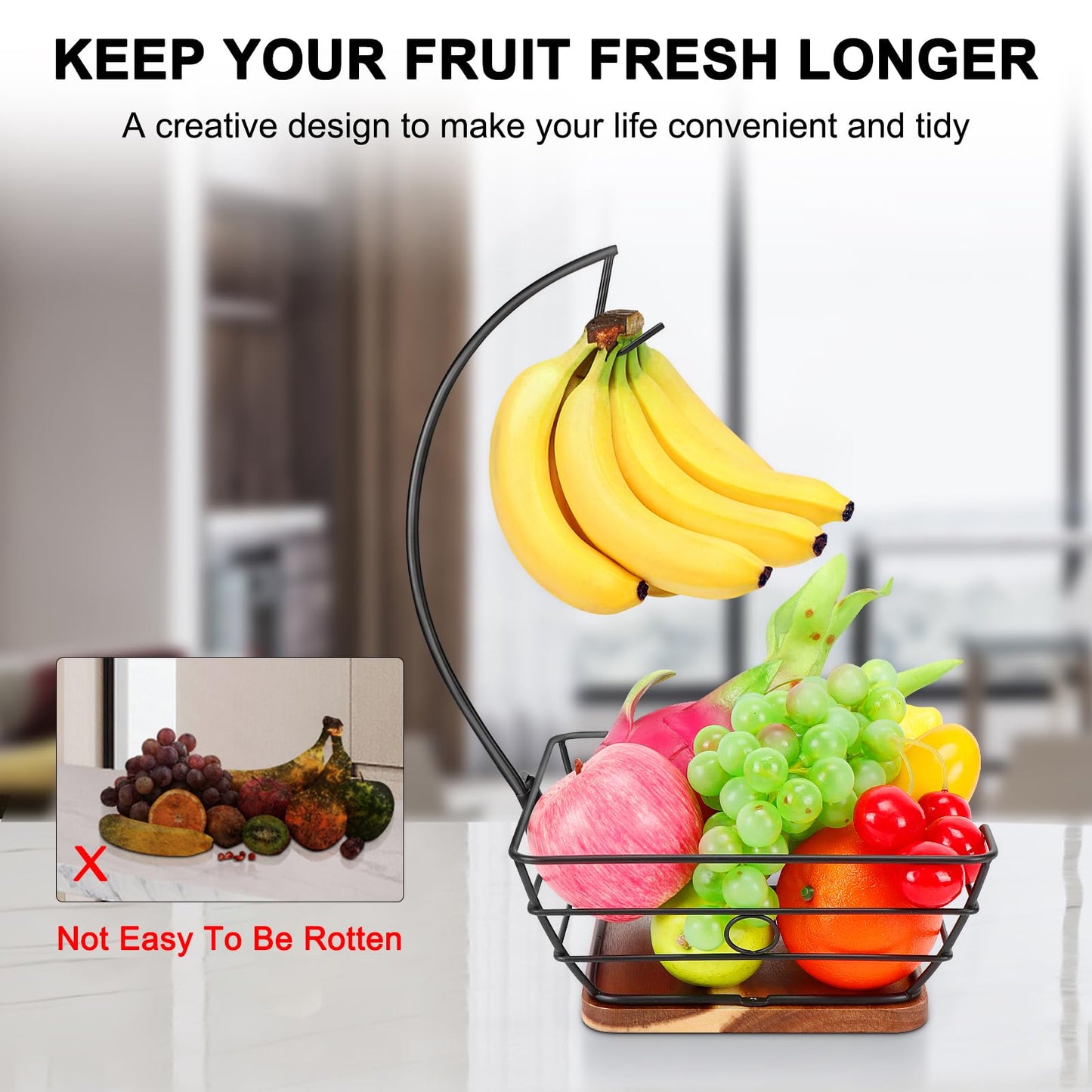 Livabber Countertop Fruit Basket Bowl with Banana Hanger, Modern Standing Fruit Vegetable Bowl Storage, with Banana Tree Holder for Kitchen Dinning Table (Square Wood, Black)