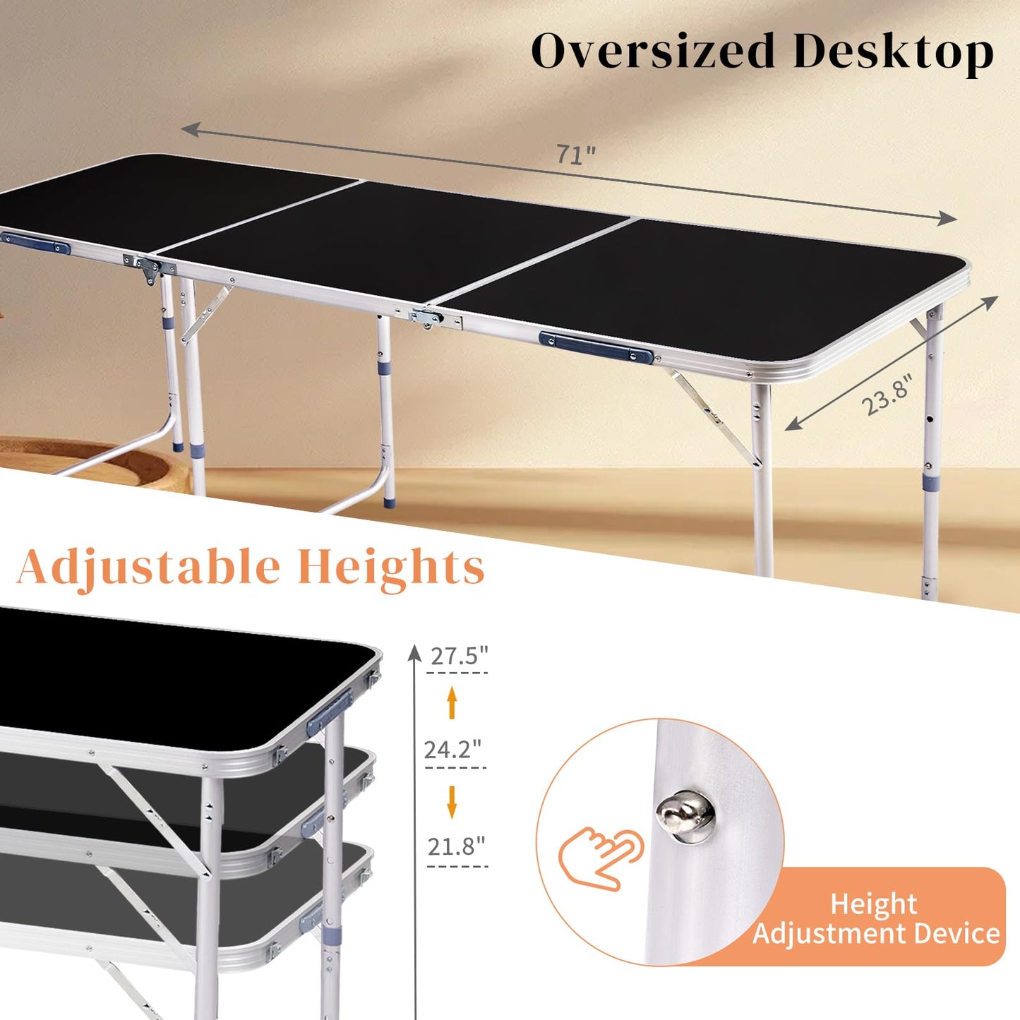 6ft Lightweight Aluminum Folding Table - Portable Wood Grain Design for Indooroutdoor Use - Ideal for Camping, Bbqs, Picnics, Parties, and Events (Black) Black