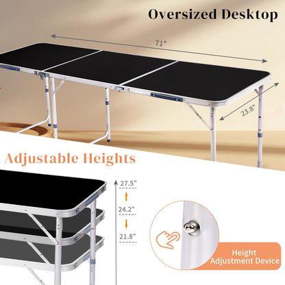 6ft Lightweight Aluminum Folding Table - Portable Wood Grain Design for Indooroutdoor Use - Ideal for Camping, Bbqs, Picnics, Parties, and Events (Black) Black