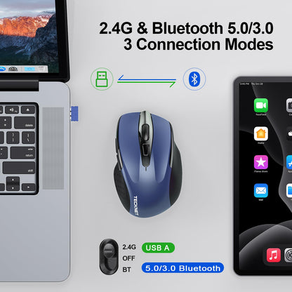 TECKNET Wireless Mouse (BT5.0/3.0 & 2.4G) Rechargeable 4800 DPI Silent USB A & Bluetooth Mouse 6 Buttons, Wide Compatibility - Grey