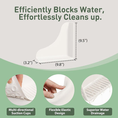 No-Adhesive 2-Pack All-Silicone Shower Splash Guard with Strong Suction Cups, Reusable Bath Tub Corner Water Blocker for Secure Seal&Easy Removal，Keep Water in Shower or Bath, One-Piece Design, White