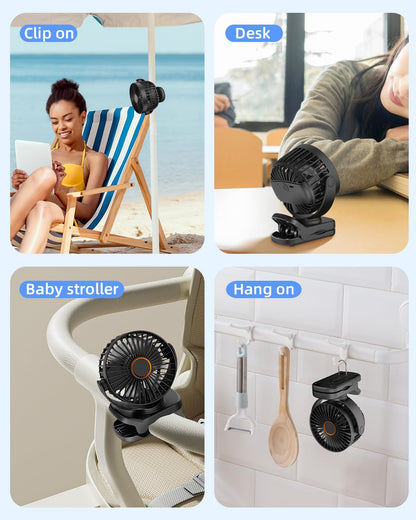 Portable Mini Clip on Fan, 3 Speed Rechargeable USB Desk Fan, Battery Operated Personal Fan, 360° Rotate Adjustable for
