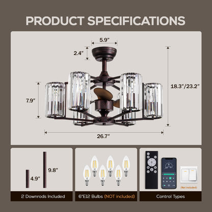 MOOONICHE 27" Crystal Chandelier Ceiling Fan 6-Light Vintage Flush Mounted Fandelier Reddish Brown Ceiling Fans with Lights and Remote for Bedroom Dining Living Room Kitchen Farmhouse Entry