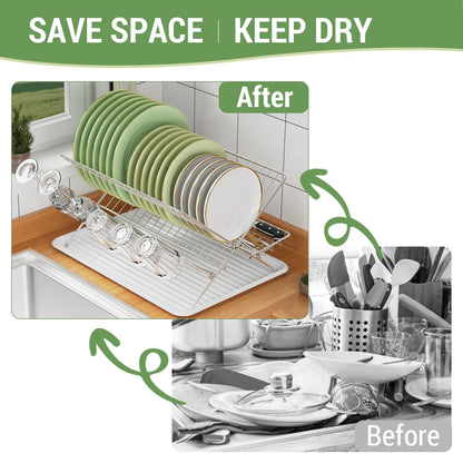 Dish Rack with Drip Tray, Stainless Steel 3-Tier Collapsible Drainer Dish Drying Rack for Kitchen Counter, Sink, Countertop,Cutlery, Dishes Utensils Flatware Holder Set, Reversible Cup Draining Rack