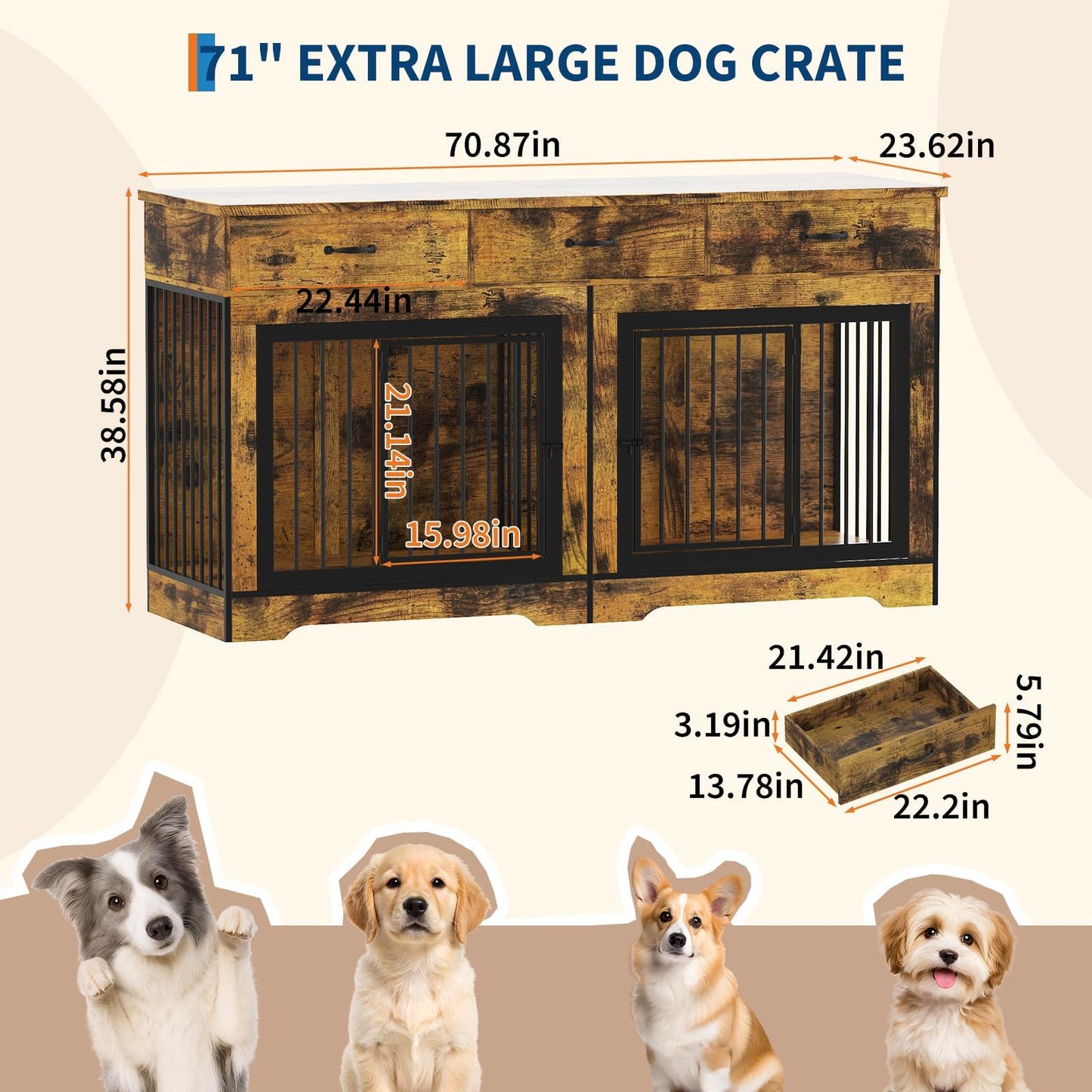 Extra Large Double Dog Crate Furniture – 70.9" Heavy Duty Wooden Kennel for 2 Medium or Large Dogs, Decorative End Table with 3 Drawers, TV Stand, Indoor Dog Cage with Double Doors
