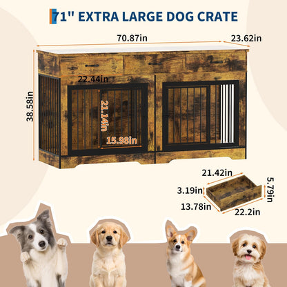 Extra Large Double Dog Crate Furniture – 70.9" Heavy Duty Wooden Kennel for 2 Medium or Large Dogs, Decorative End Table with 3 Drawers, TV Stand, Indoor Dog Cage with Double Doors