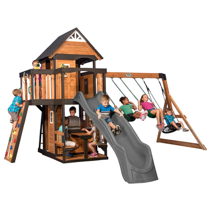 Backyard Discovery Canyon Creek Cedar Wood Swing Set with Wave Slide, Clubhouse, Play Kitchen, Picnic Area, Belt Swings, Web Swing, Rock Wall, Balconies, Playhouse, Step Ladder, Outdoor Playset