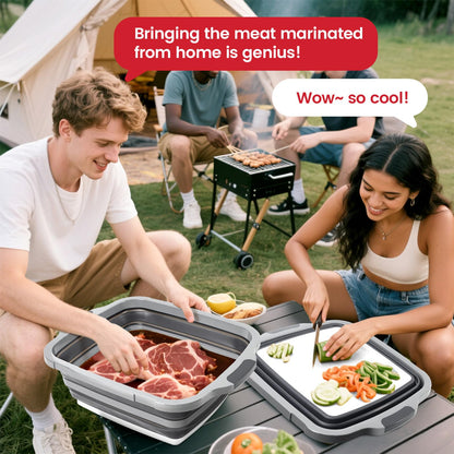 BBQ Prep Tub 3-IN-1 Large 16L Collapsible Cutting Board with Locking Lid for Meal Prep Marinating Food, Camping Sink with Colander, Dish Basin, Storage Blanket for Camping Picnic BBQ, Black
