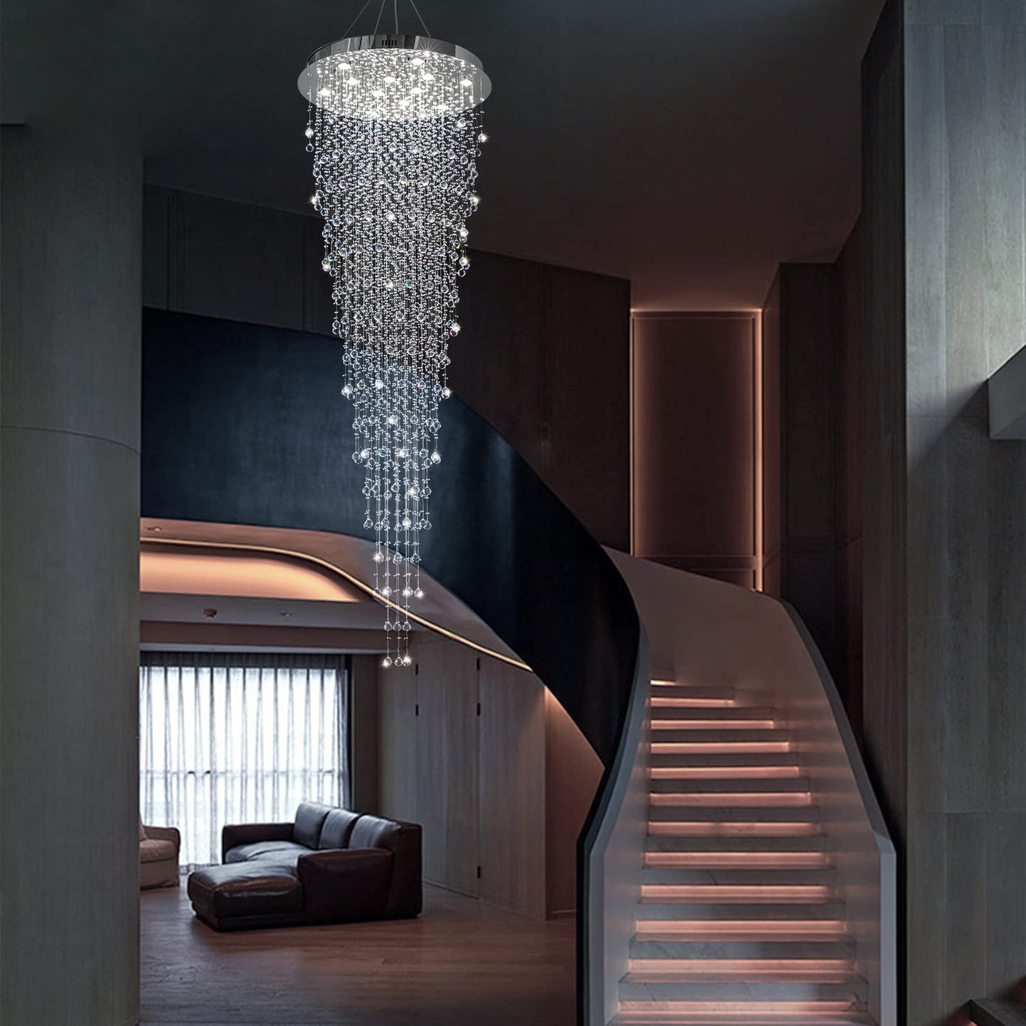 APBEAM Modern Large Crystal Chandelier for High Ceilings, Raindrop Round Large Foyer Chandelier, Luxury Flush Mount Ceiling Light Fixture for Stairse Entryway Living Room Dia 32" x H 96"-12 Lights