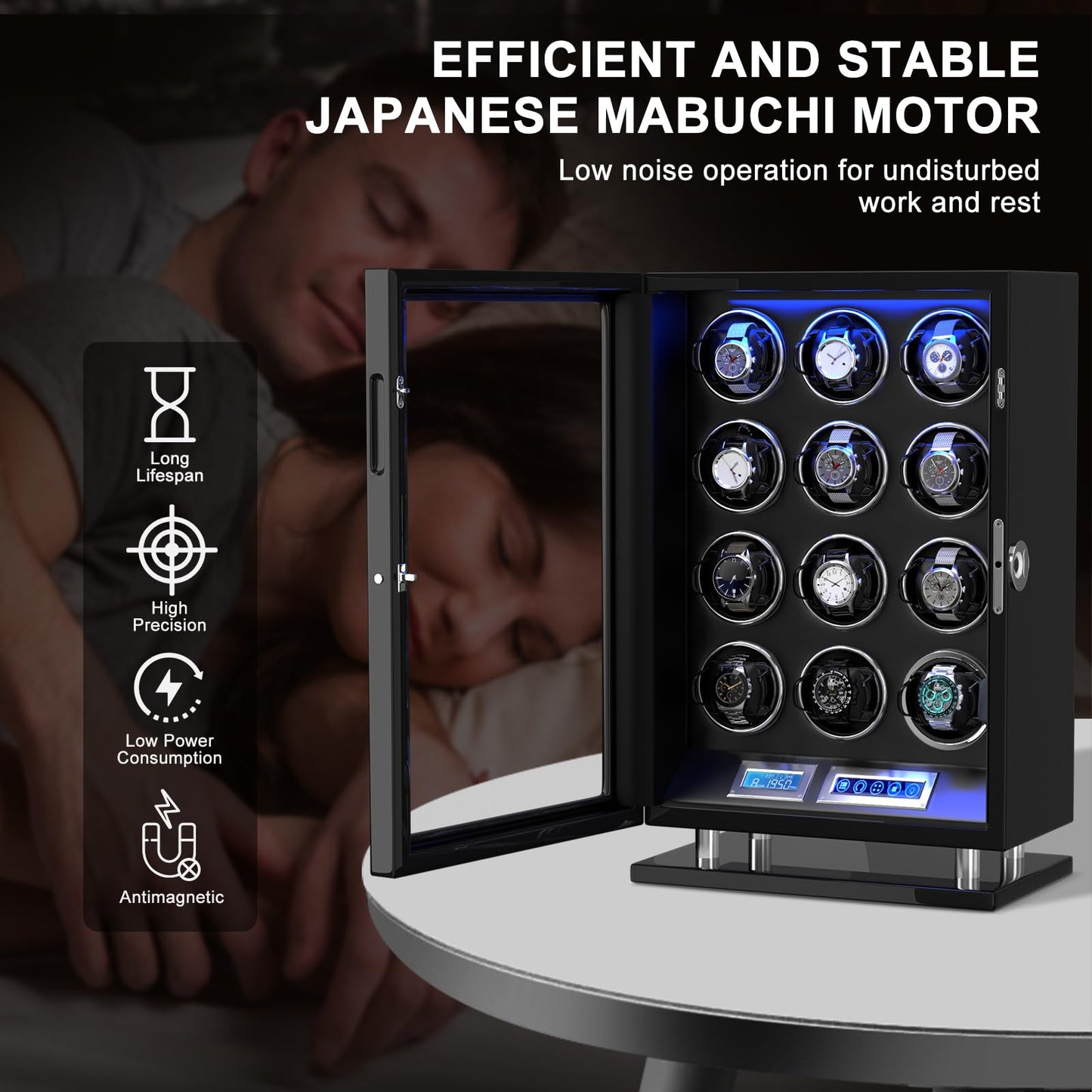 DUKWIN Watch Winder for 12 Automatic Watches, Fingerprint Lock Watch Winders with LCD Touchscreen, Blue LED Light, Remote Control,Adjustable Pillow and Quiet Motor for Universal Watches, 5TPD