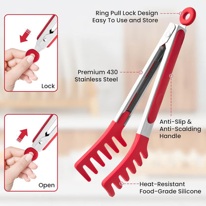 2 9-Inch 12-Inch PCS Pasta Tong Spaghetti Tongs, & Heat Resistant Silicone Pasta Tongs Spaghetti Server With Teeth
