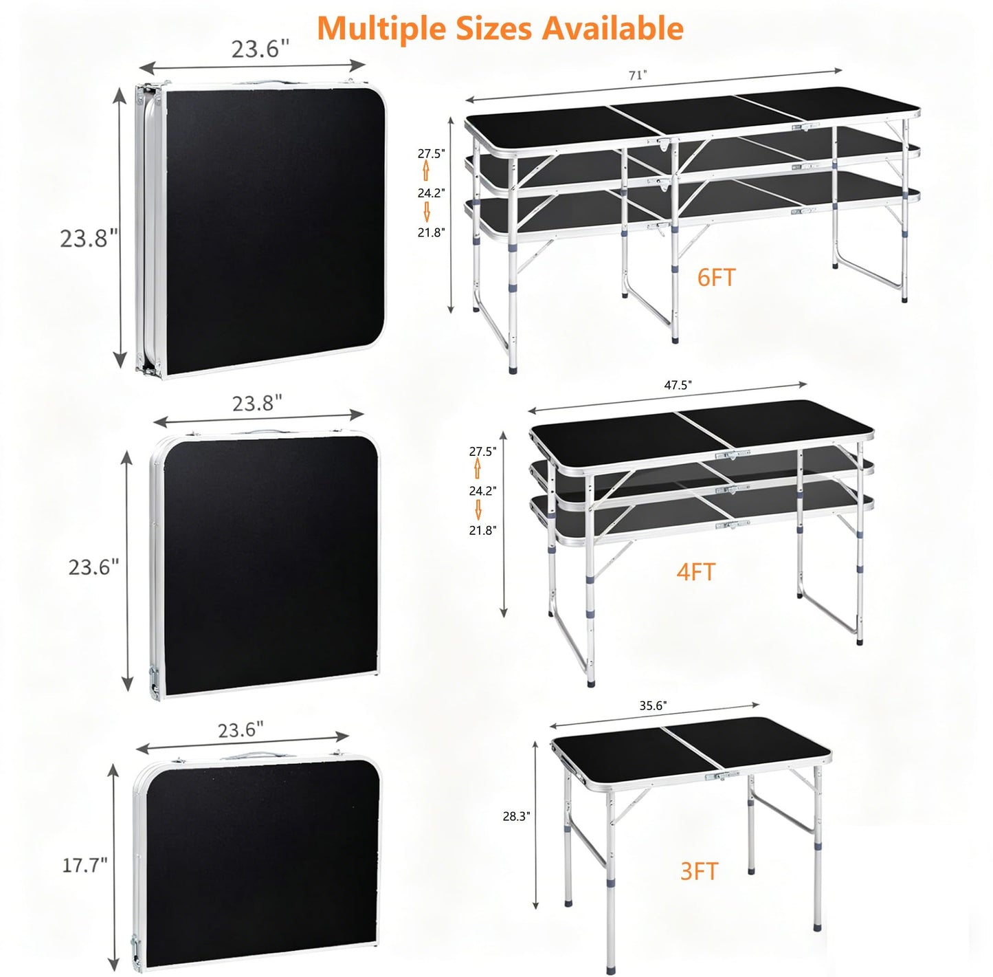 EDWINENE 3 Feet Small Folding Table with Adjustable Height, Lightweight Portable Utility Table for Travel Picnic BBQ Fishing RV Car Tailgate Camping Beach Outdoor Essentials, MDF Tabletop, Black 5Pcs