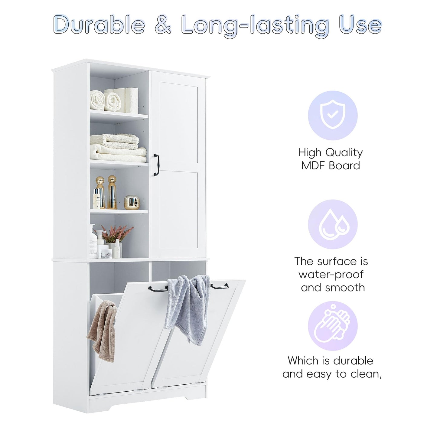 68" Tall Bathroom Storage Cabinet with One Door and Two Laundry Hampers for Home Display Organizer, Adjustable Shelf, White